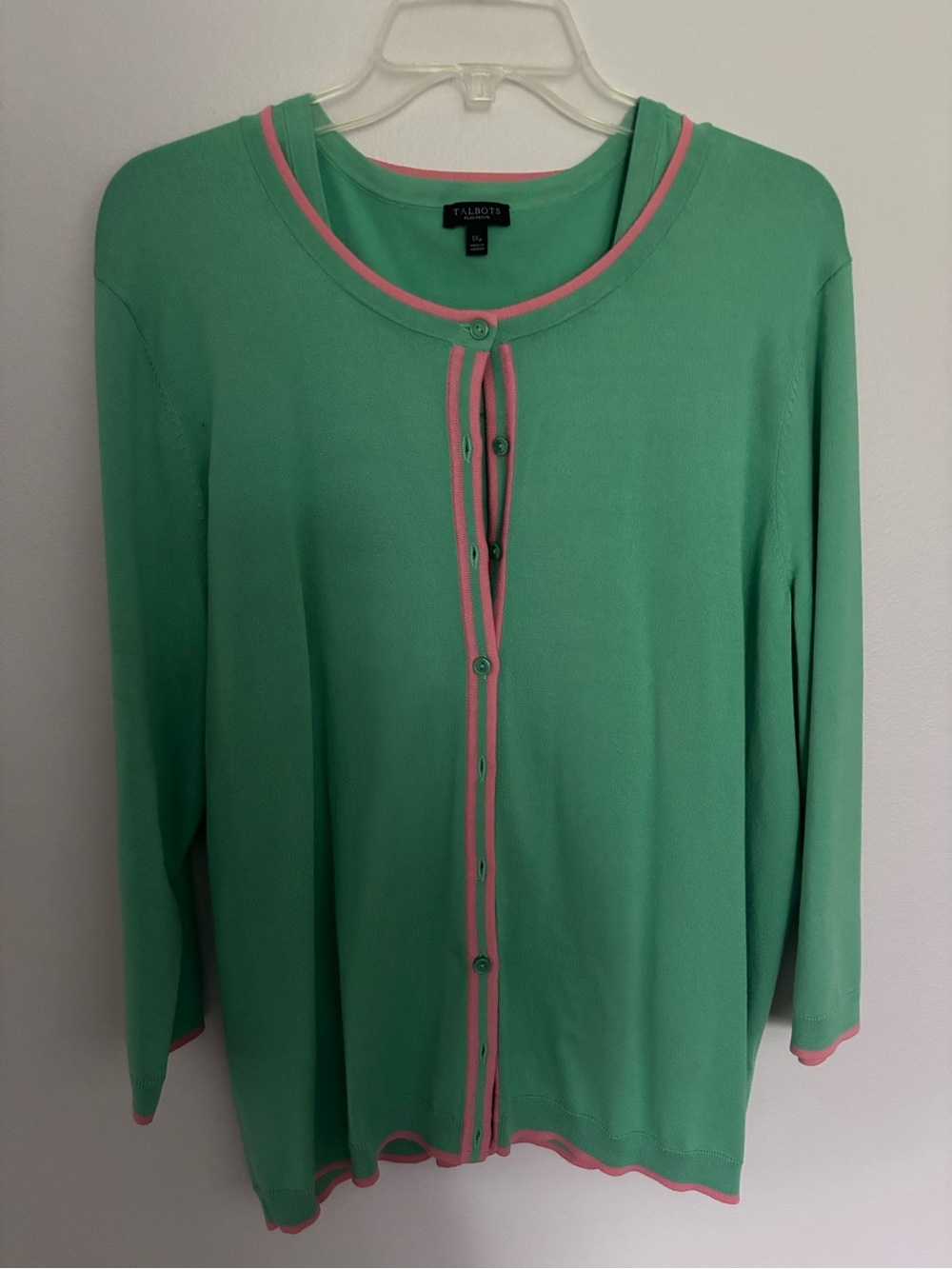 Talbots Mint Green Charming Cardigan with Pink Trim Accents